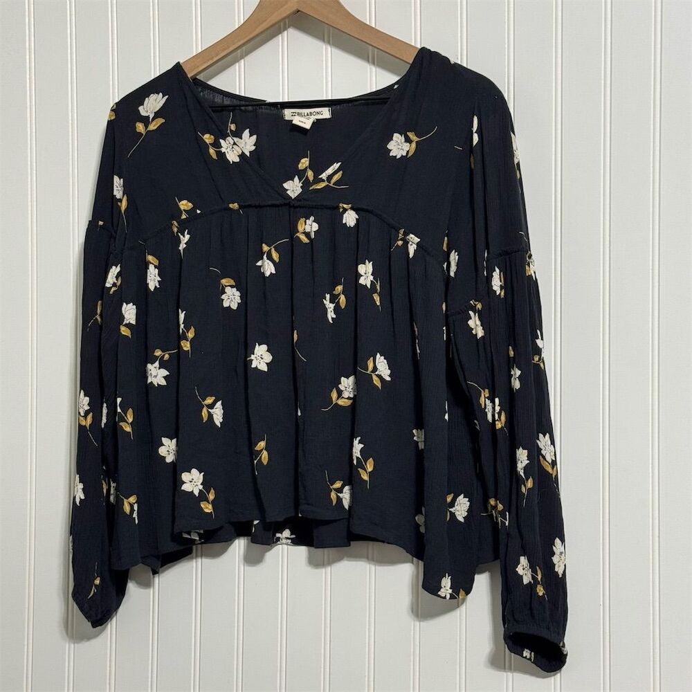 Billabong Floral Peasant Top Women's M Black White Yellow Babydoll Gauze Blouse